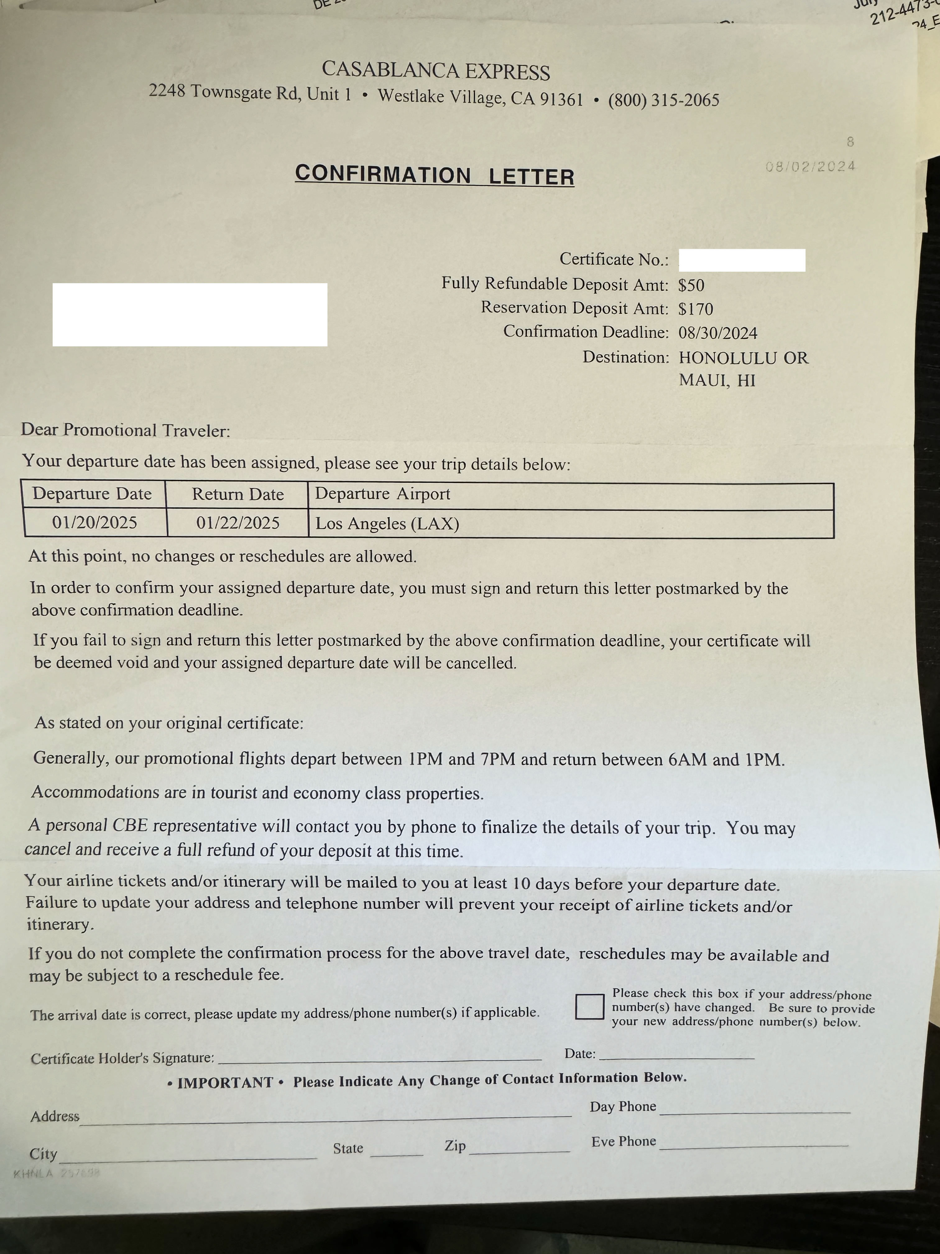 Casablanca Express confirmation letter Casablanca Express confirmation letter