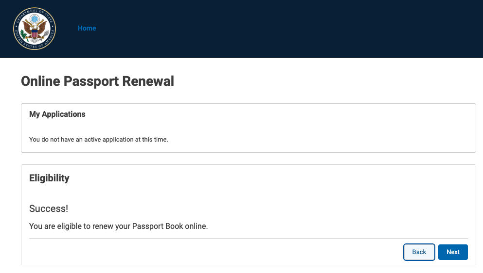 Eligible for online passport renewal message Eligible for online passport renewal message