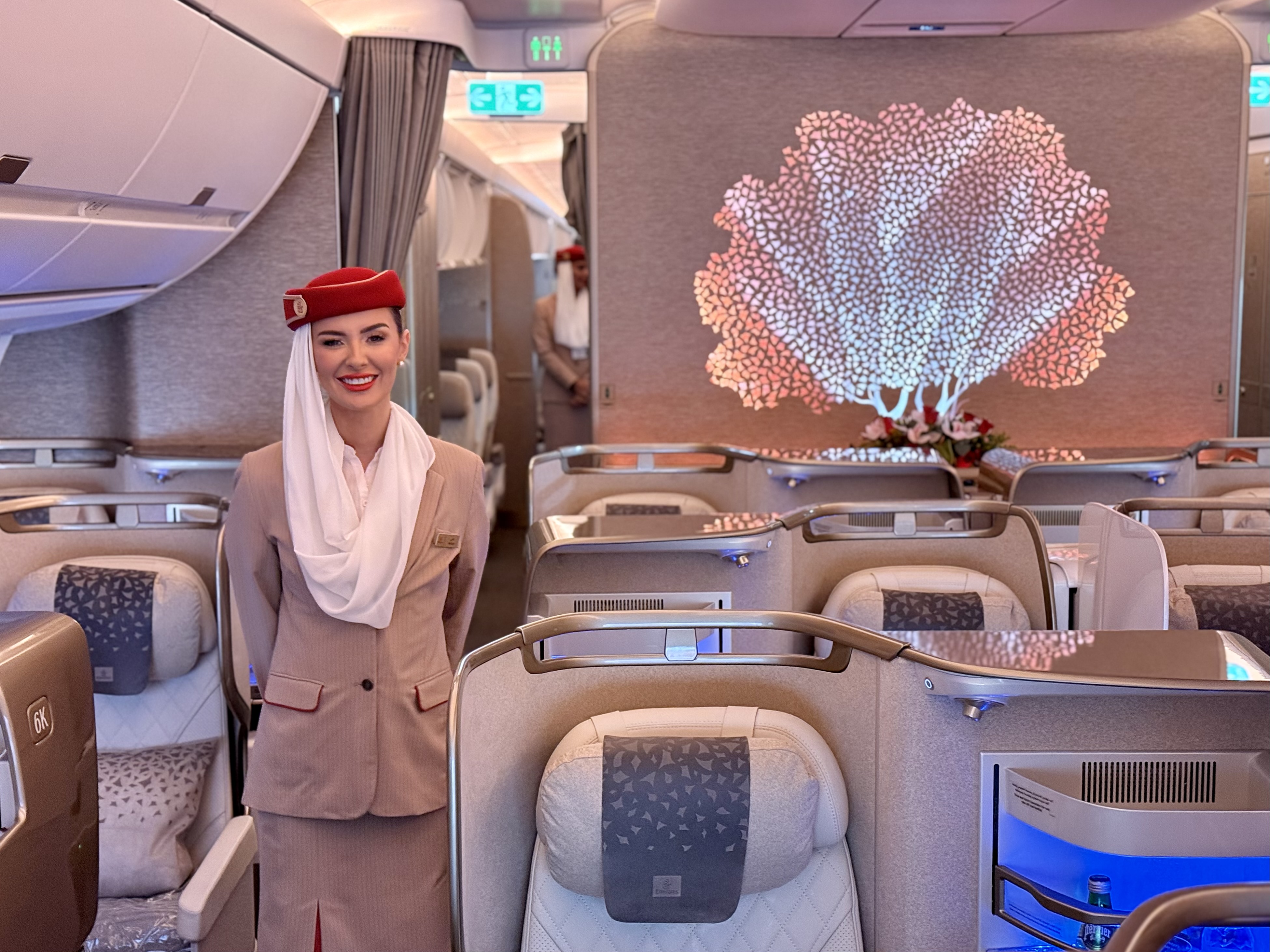 Emirates Airbus A350 business class cabin and crew