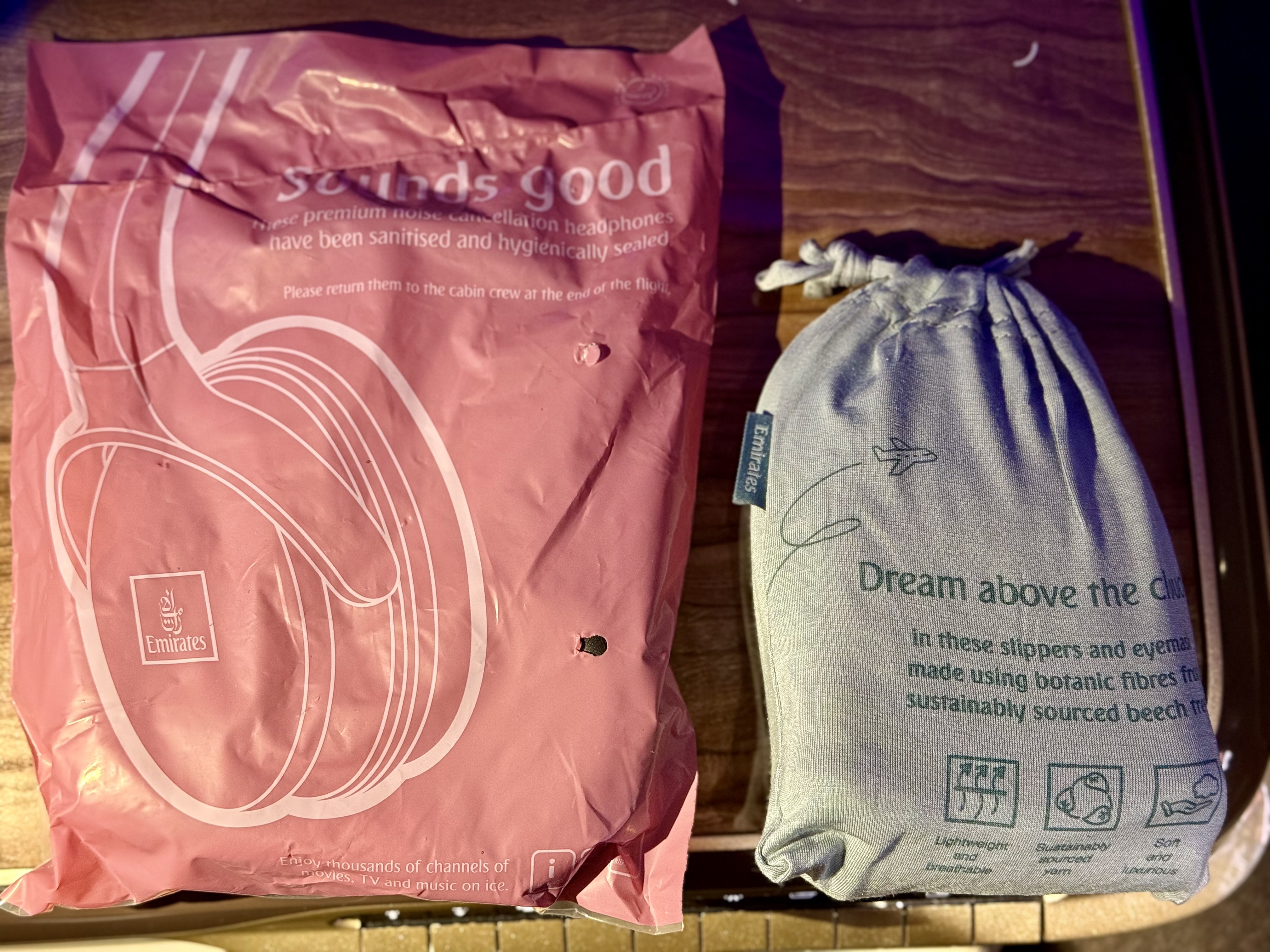 Emirates Airbus A350 business class casing for headphones slippers and eye mask