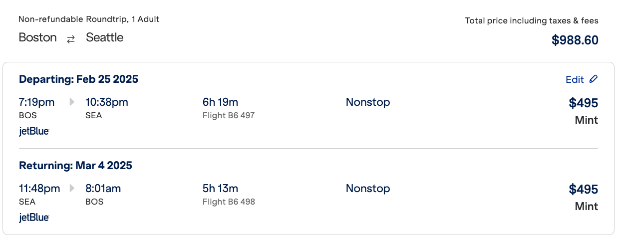 Jetblue BOS SEA Mint round trip Jetblue BOS SEA Mint round trip price