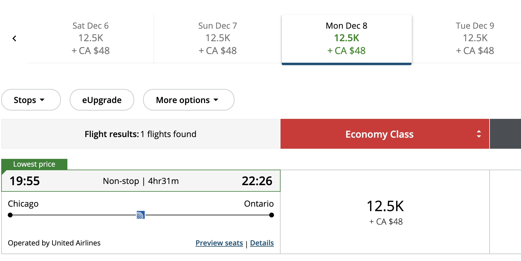 ORD ONT AC ORD to ONT AC award rate using points