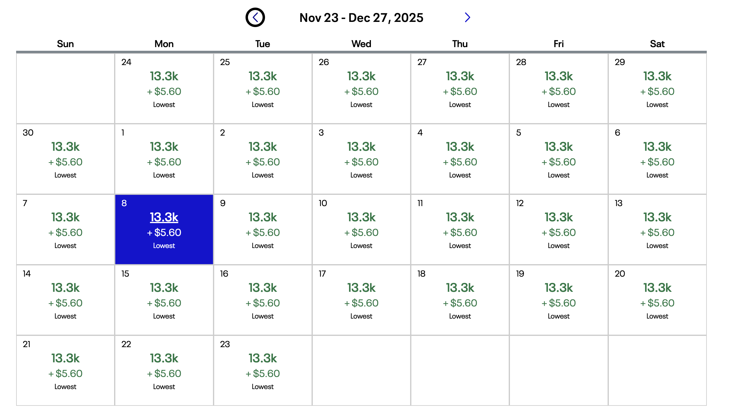 ORD ONT ORD-ONT award pricing from United calendar