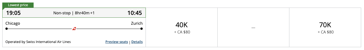 ORD ZRH Aeroplan 70k ORD ZRH Aeroplan 70k