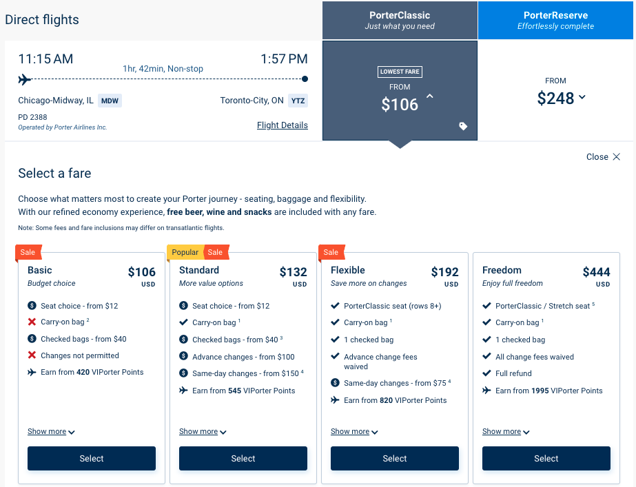 Porter Airlines Fare Types