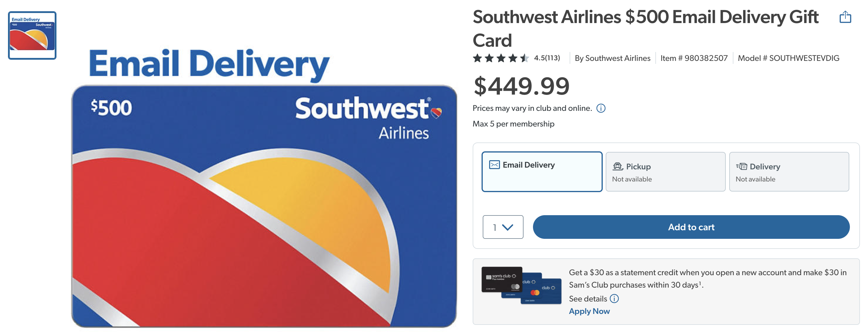 Sams Club Southwest gift card 500 for 449.99
