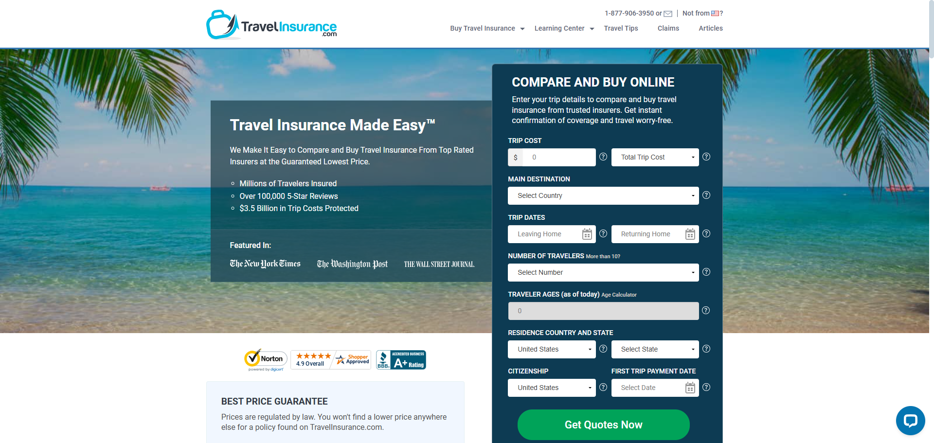 TravelInsurance.com homepage TravelInsurance.com homepage