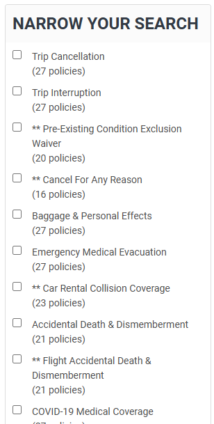Travelinsurance.com result filters Travelinsurance.com result filters