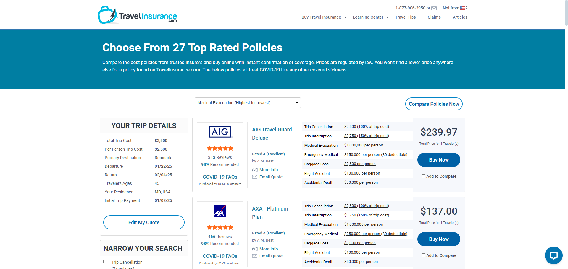 Travelinsurance.com sorted quote results Travelinsurance.com sorted quote results