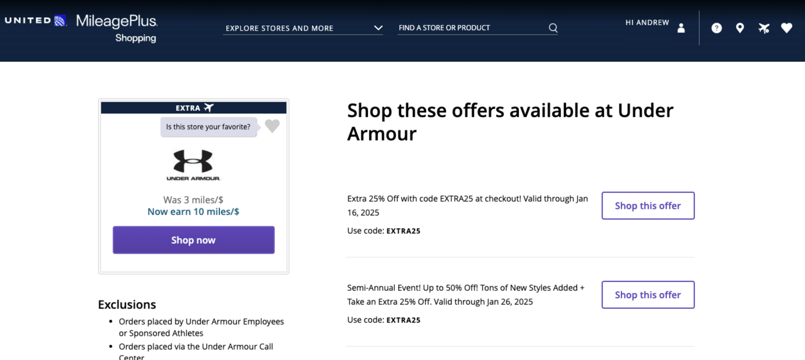 Under Armour merchant page on United MileagePlus Shopping Under Armour merchant page on United MileagePlus Shopping