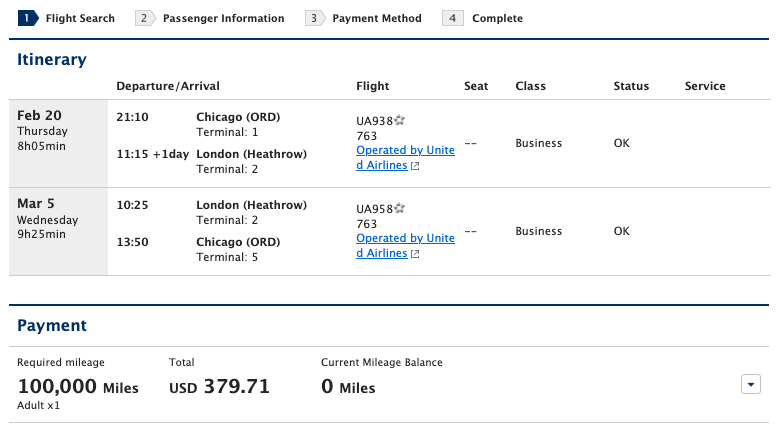 United Award Flight Itinerary on ANAs Website United Award Flight Itinerary on ANA's Website