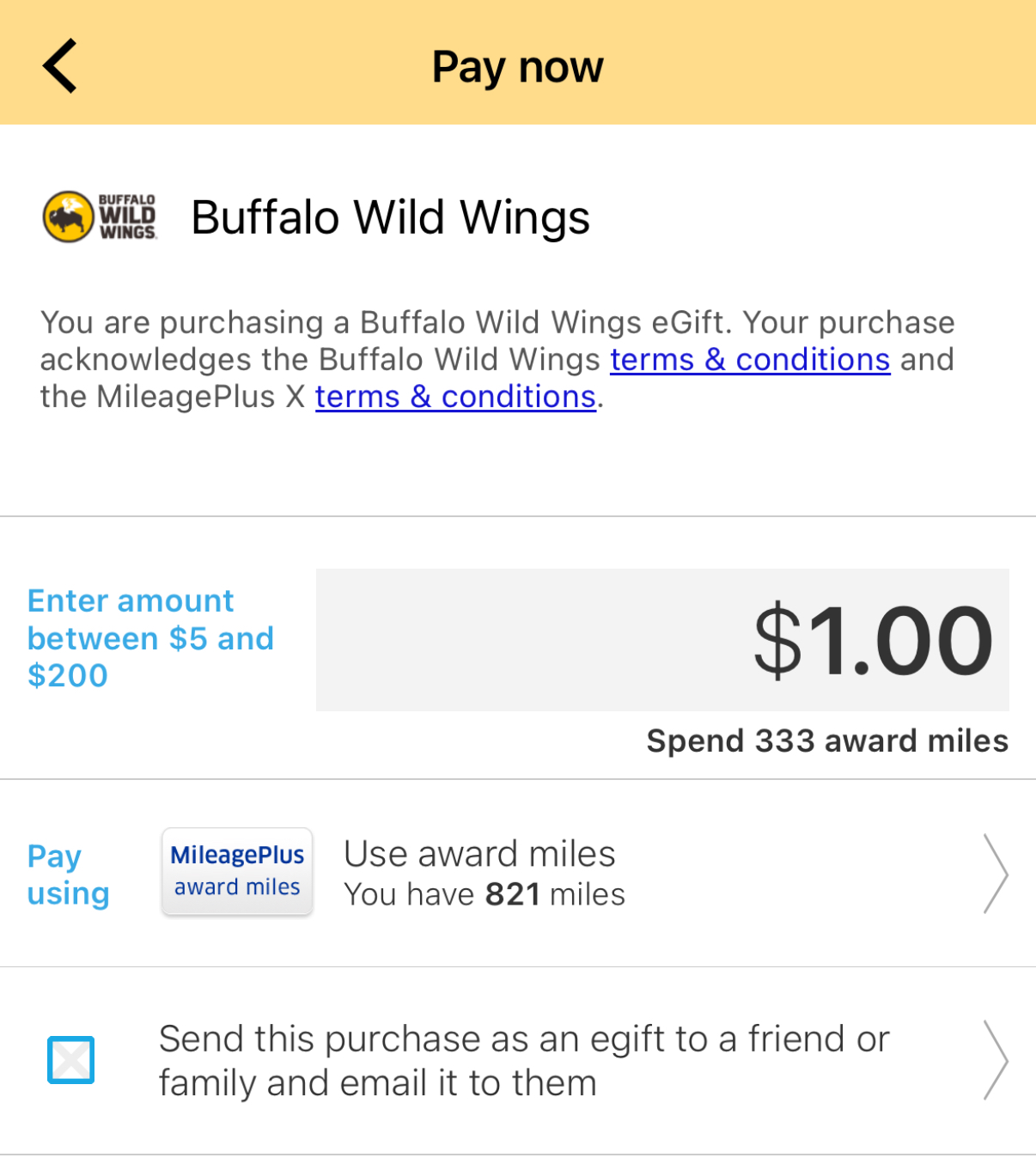 Using United miles to buy a Buffalo Wild Wings gift card Using United miles to buy a Buffalo Wild Wings gift card