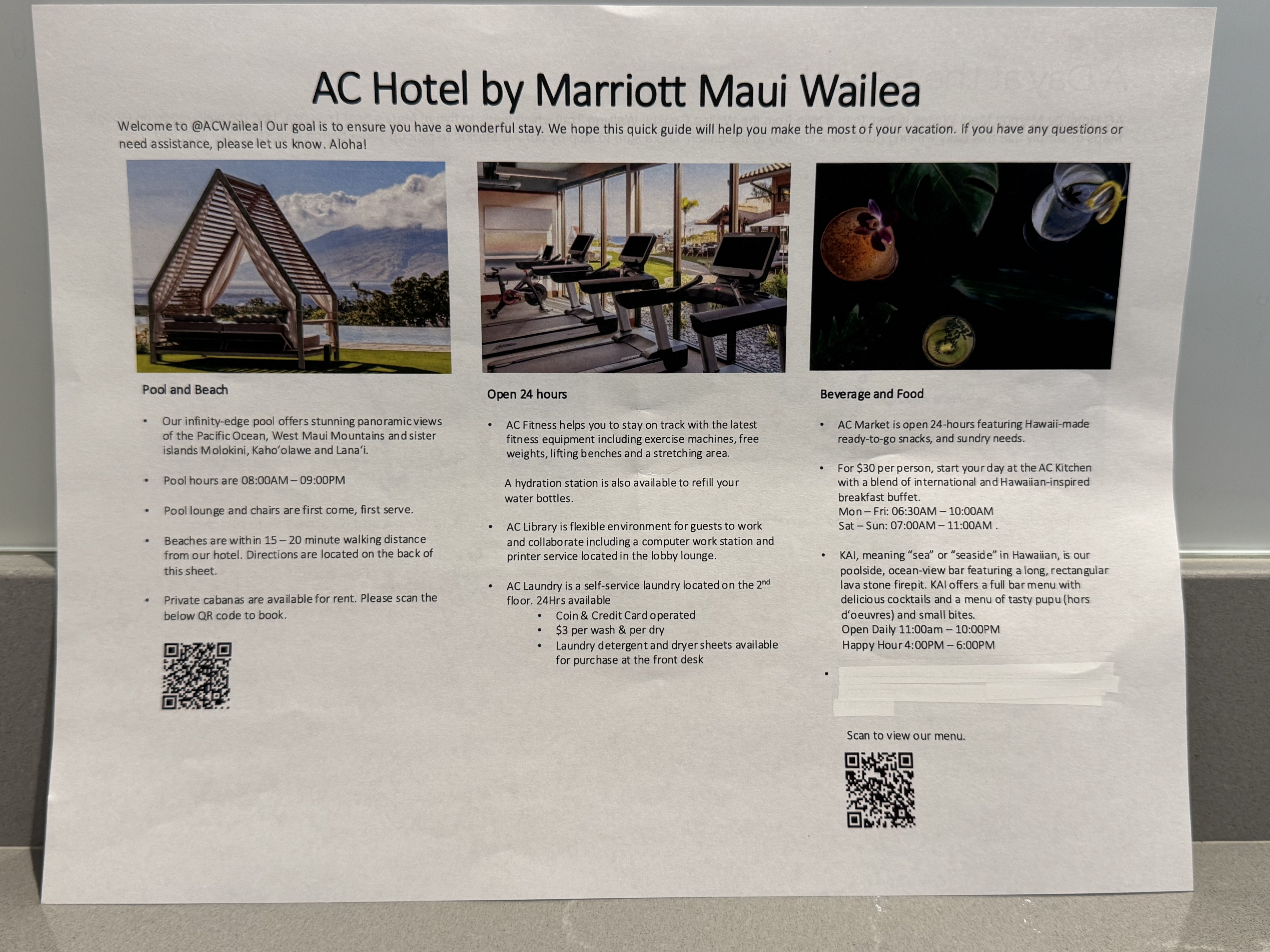 AC Hotel by Marriott Maui Wailea welcome letter