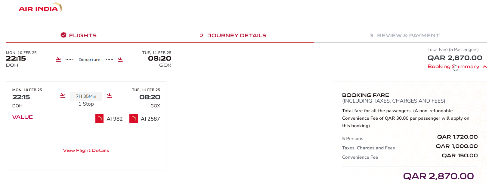Air India A320 Economy DOH BOM booking screenshot Air India A320 Economy DOH BOM booking screenshot