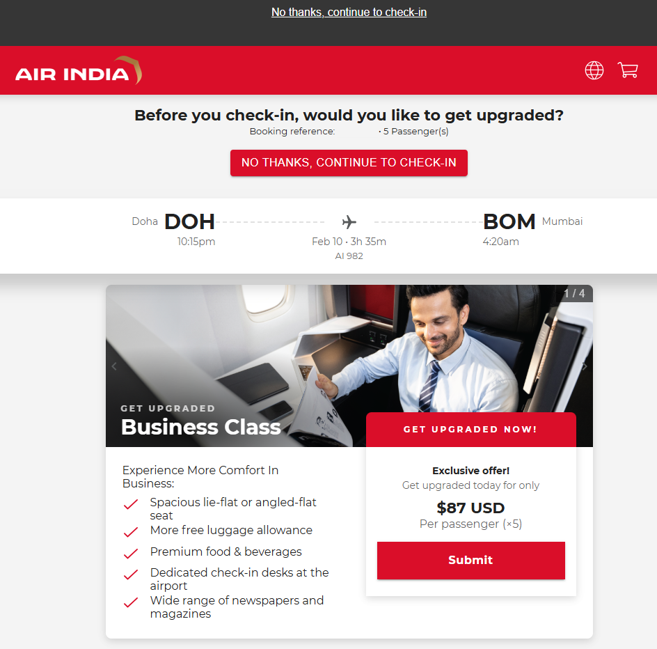 Air India A320 Economy DOH BOM upsell Air India A320 Economy DOH BOM upsell
