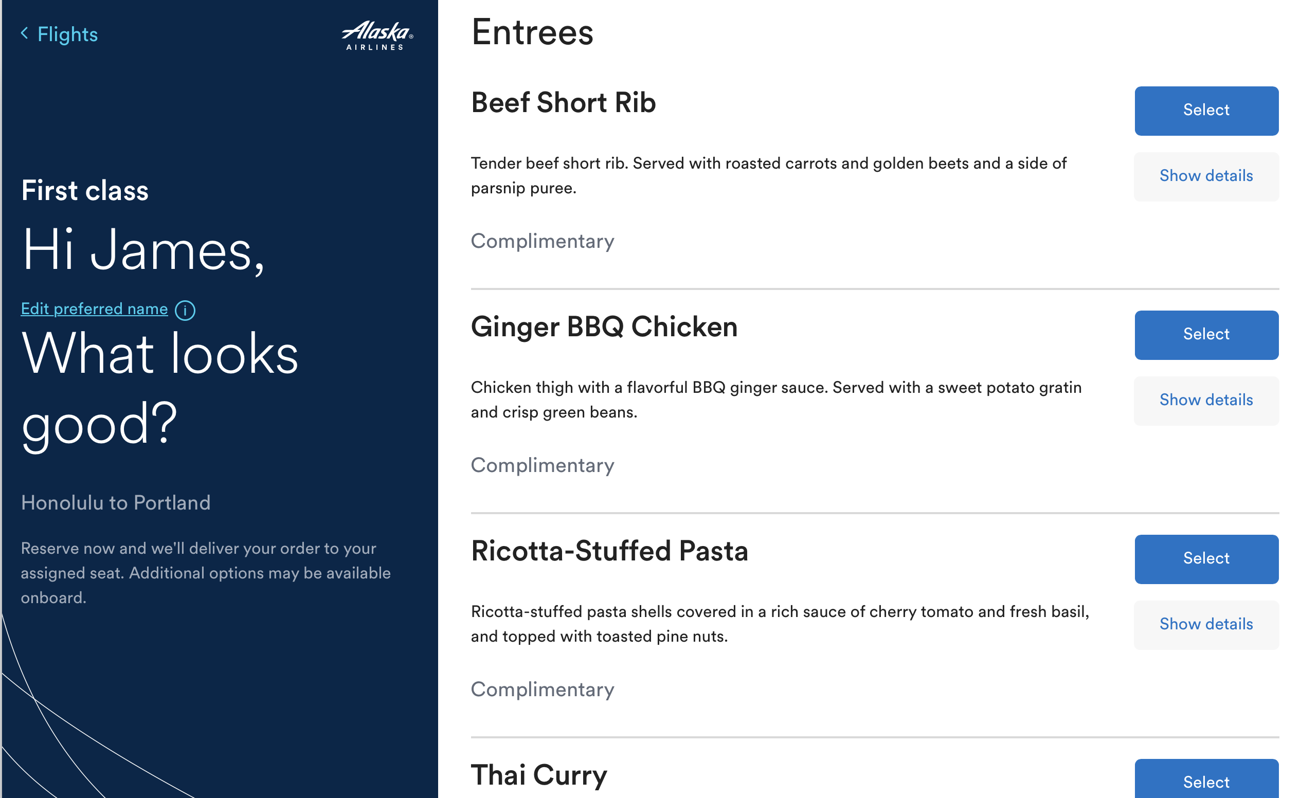 Alaska Preorder Meal Options Alaska Preorder Meal Options