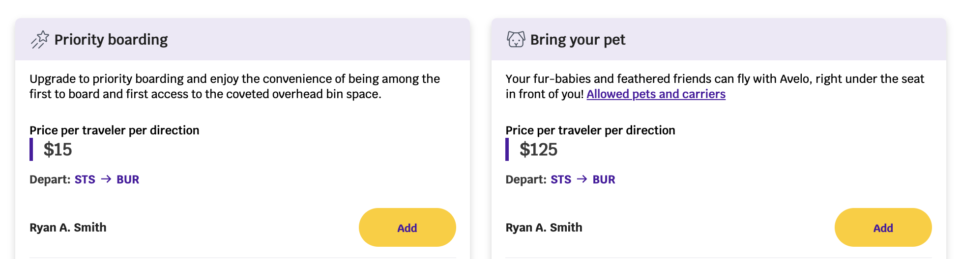 Avelo Airlines STS BUR priority boarding pet fees Avelo Airlines STS BUR priority boarding pet fees