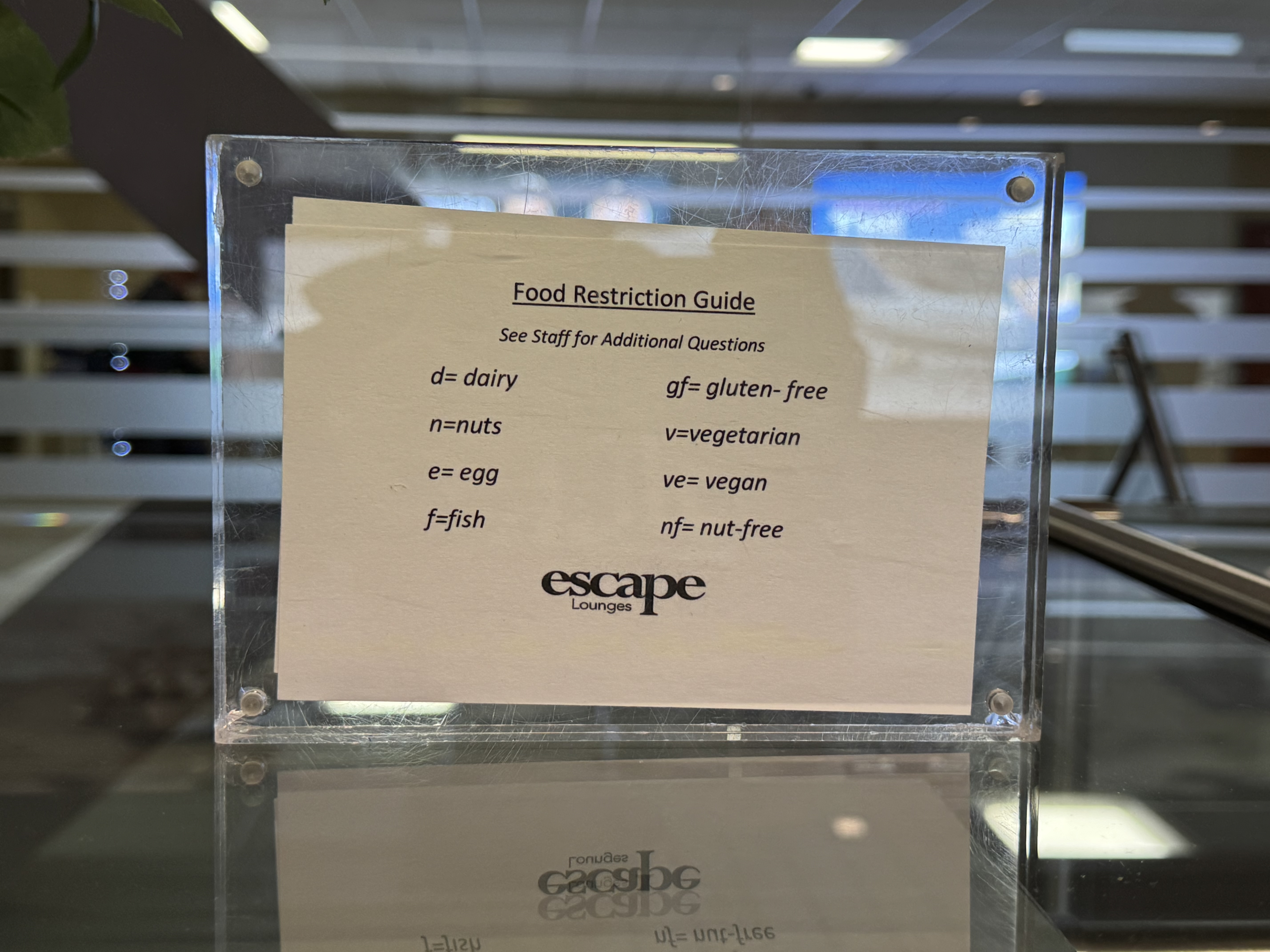 Escape Lounge Centurion Studio Reno RNO allergen sign Escape Lounge Centurion Studio Reno RNO allergen sign