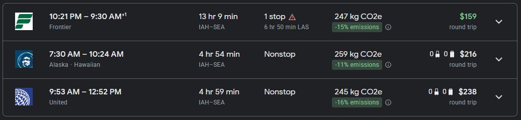 Flight options from Houston to Seattle