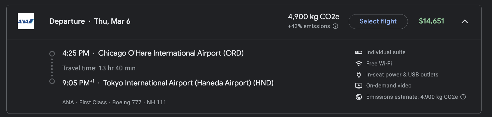Google Flights ORD HND. ANA F
