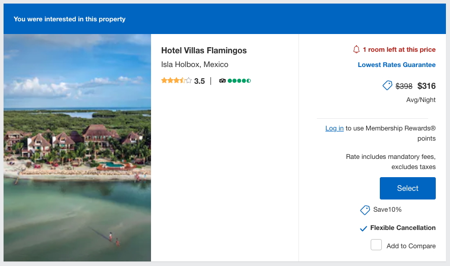 Villas Flamingos rate on Amex Travel