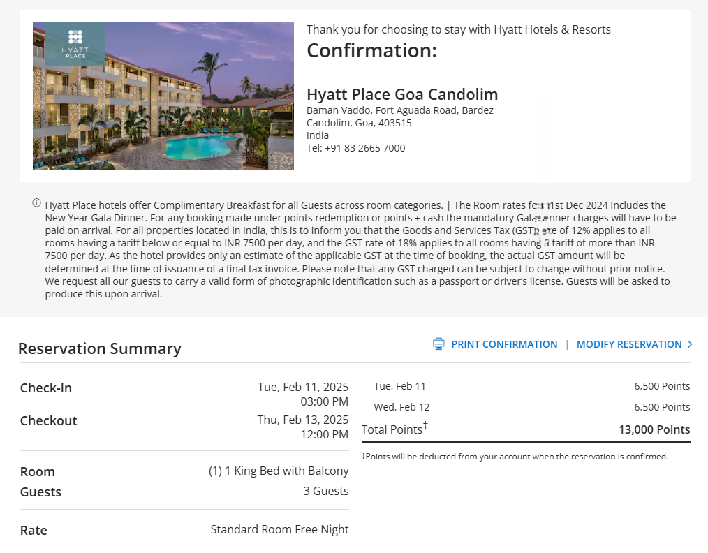 Hyatt Place Goa Candolim booking confirmation Hyatt Place Goa Candolim booking confirmation