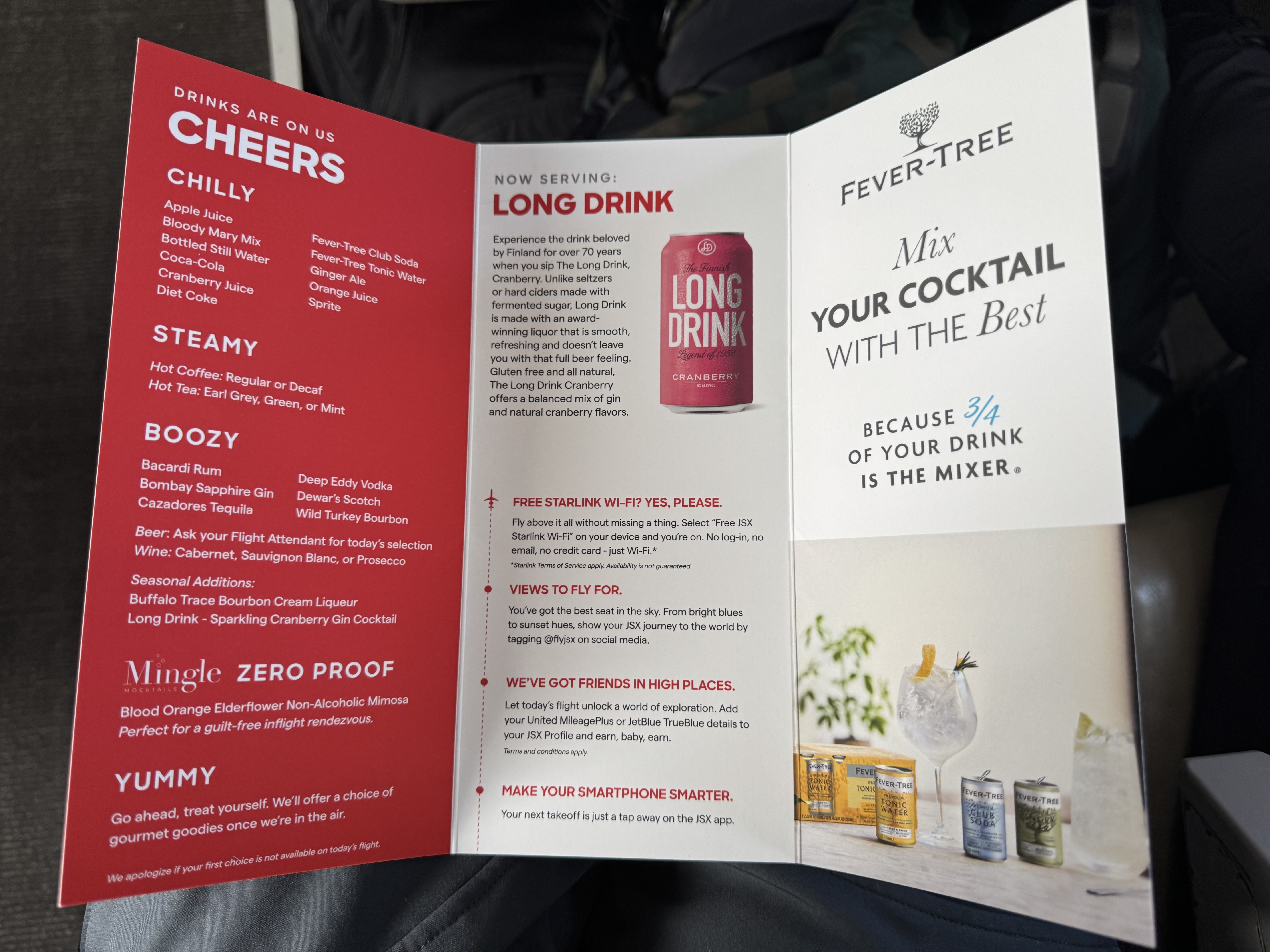 JSX Embraer ERJ135 drink menu JSX Embraer ERJ135 drink menu
