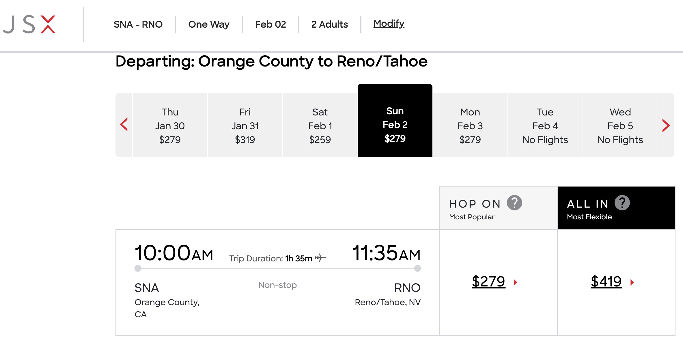 JSX booking cost SNA RNO JSX booking cost SNA RNO