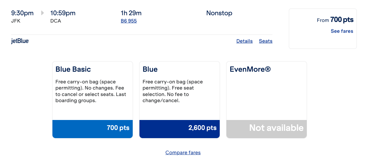 JetBlue Blue Basic award JFK DCA 700 points fare options
