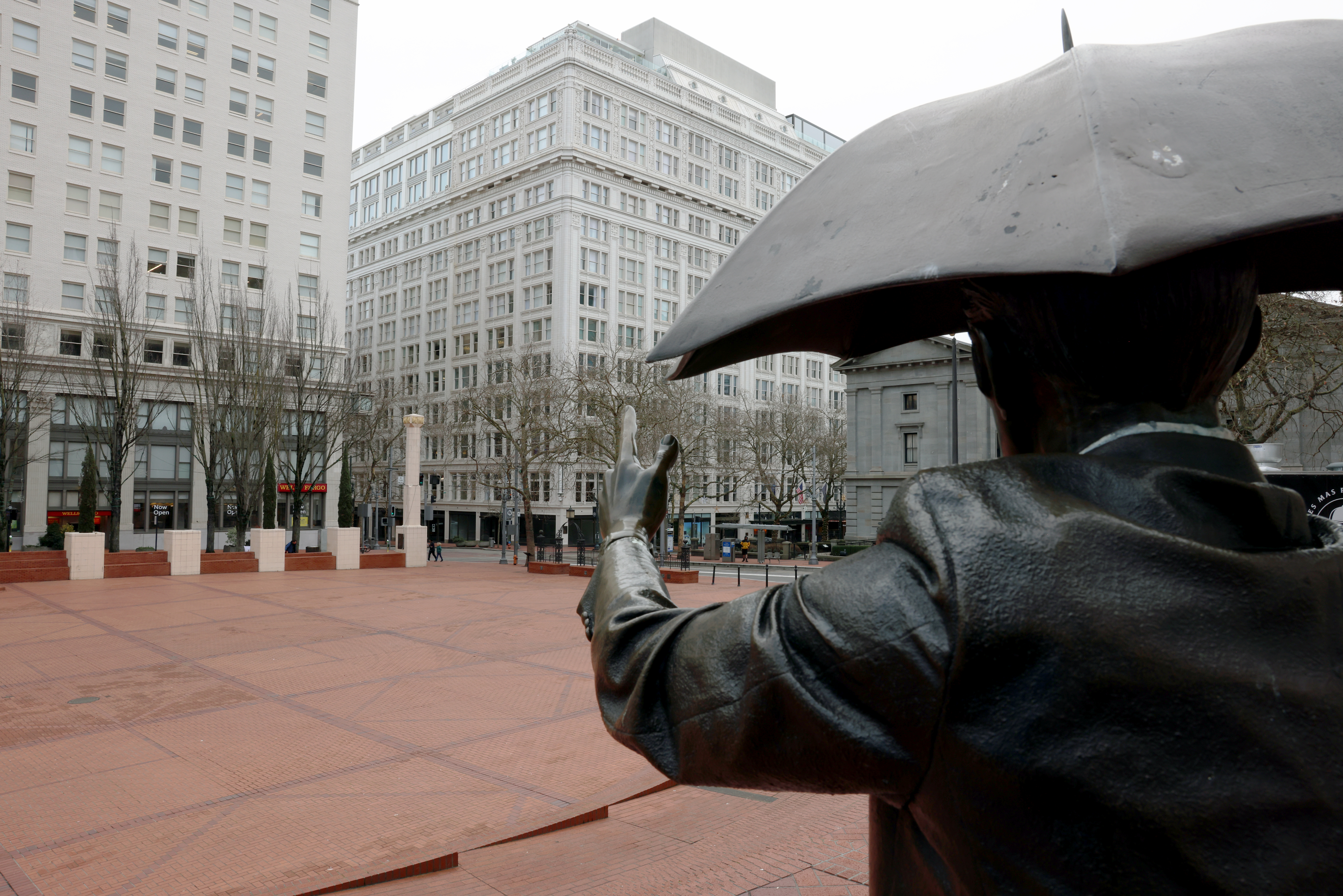 Portland Oregon umbrella man back