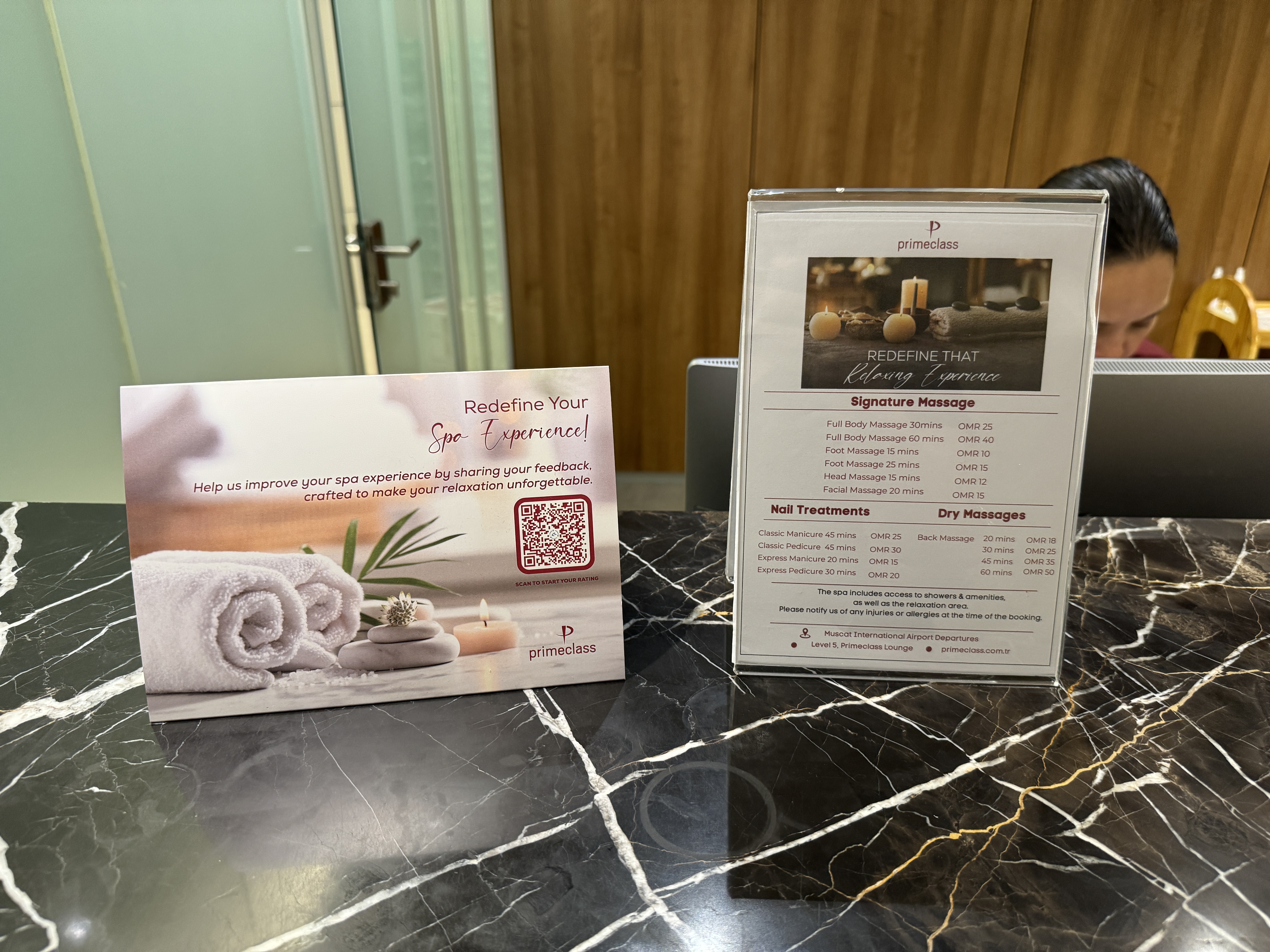 Primeclass Lounge MCT spa menu