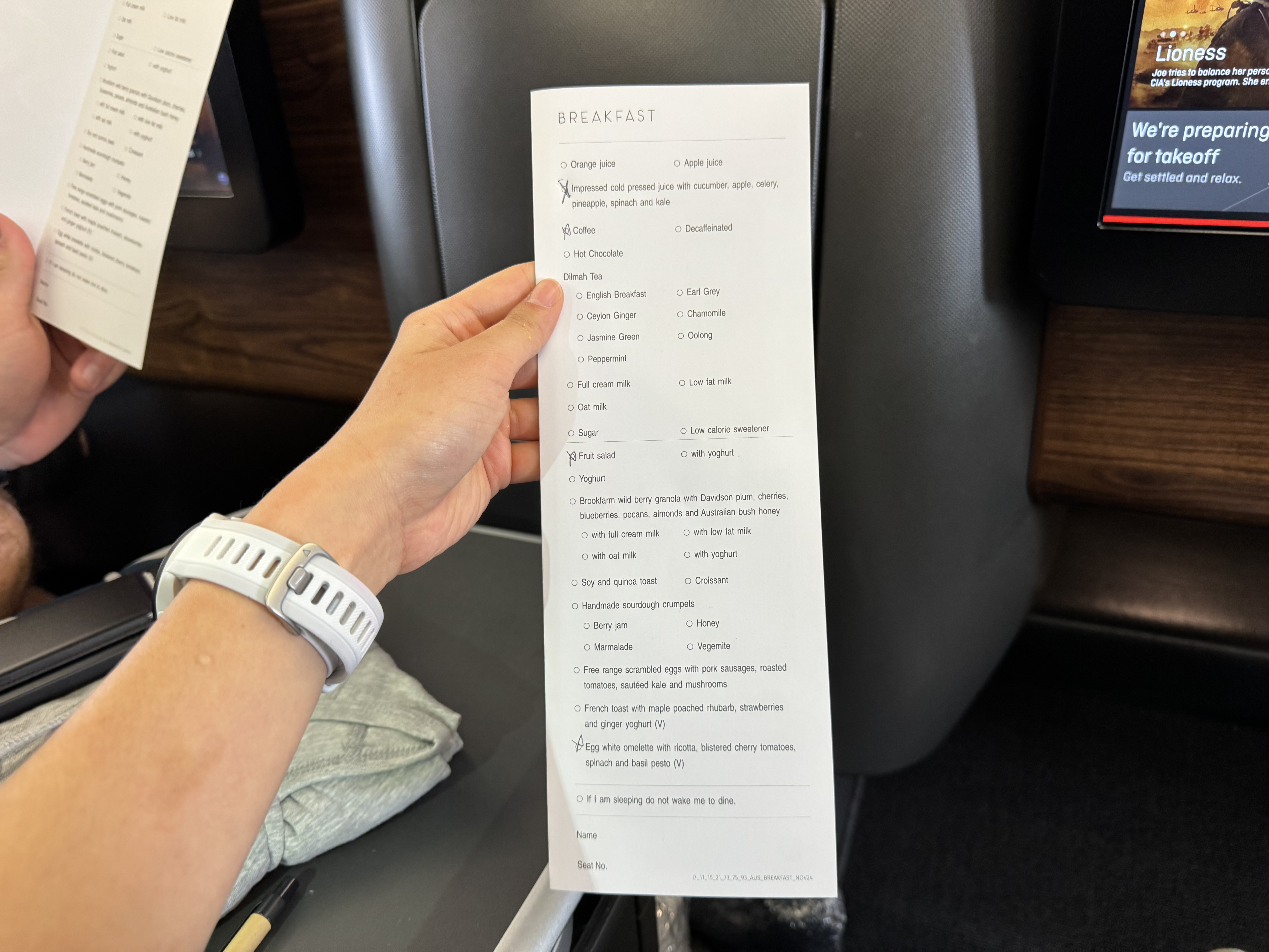 Qantas Business Class Breakfast Card