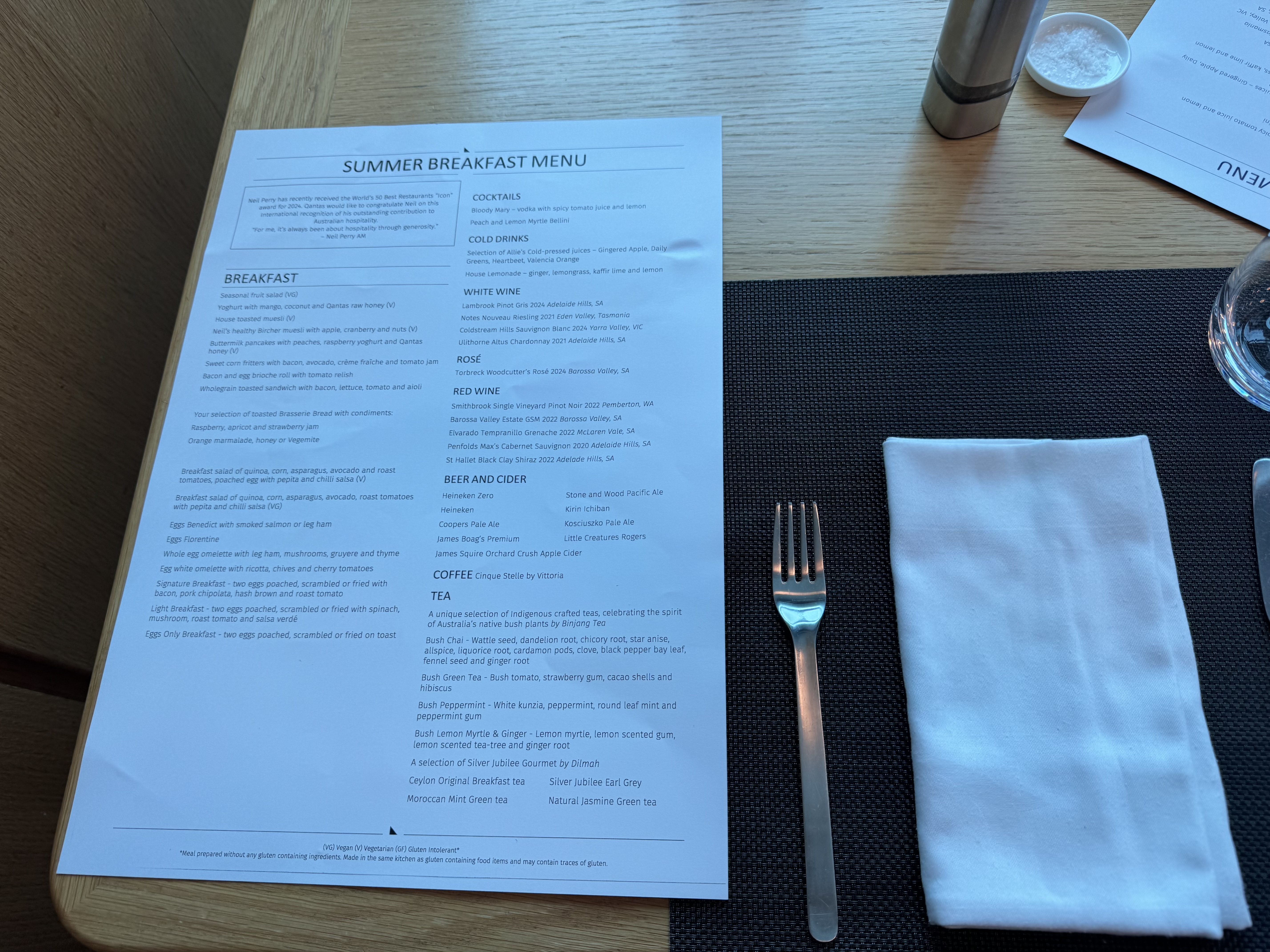 Qantas Business Class Lounge Menu
