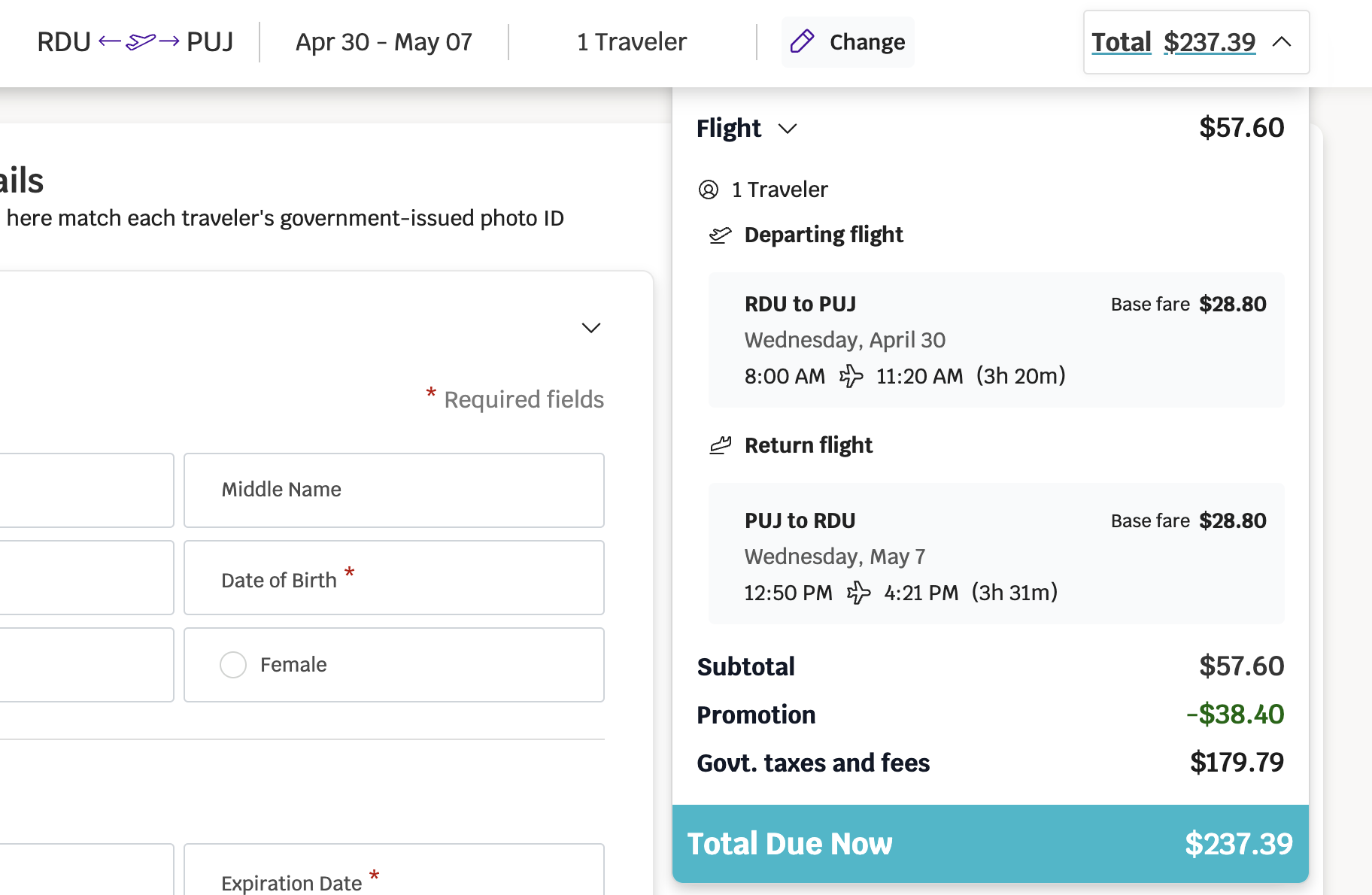 RDU to PUJ for $237.39 round-trip