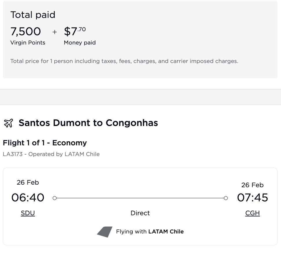 SDU to CGH 7500 Virgin Points