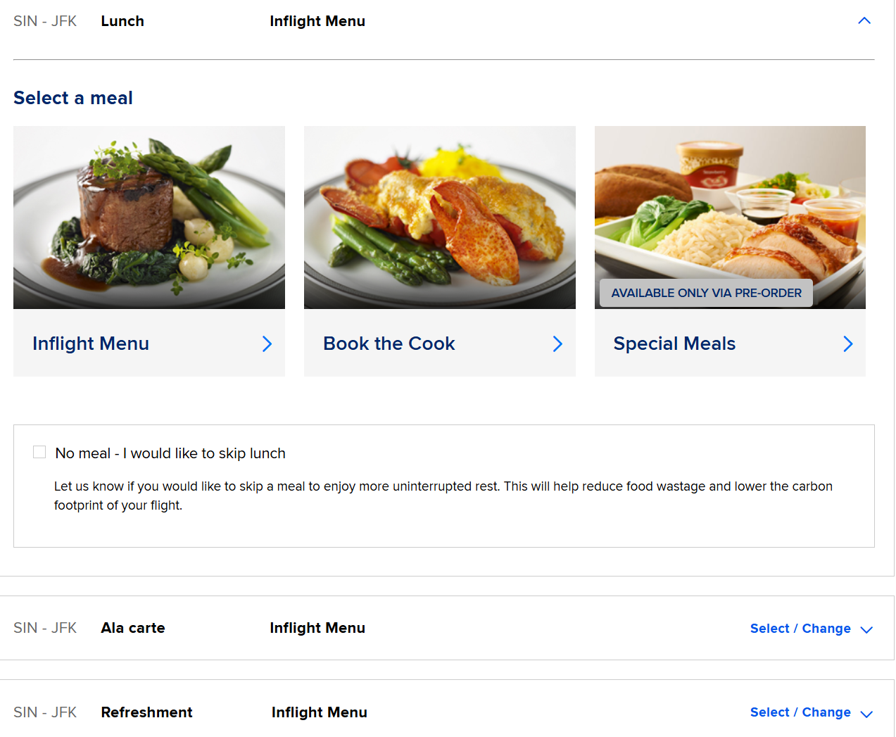 Singapore Airlines meal selection screen