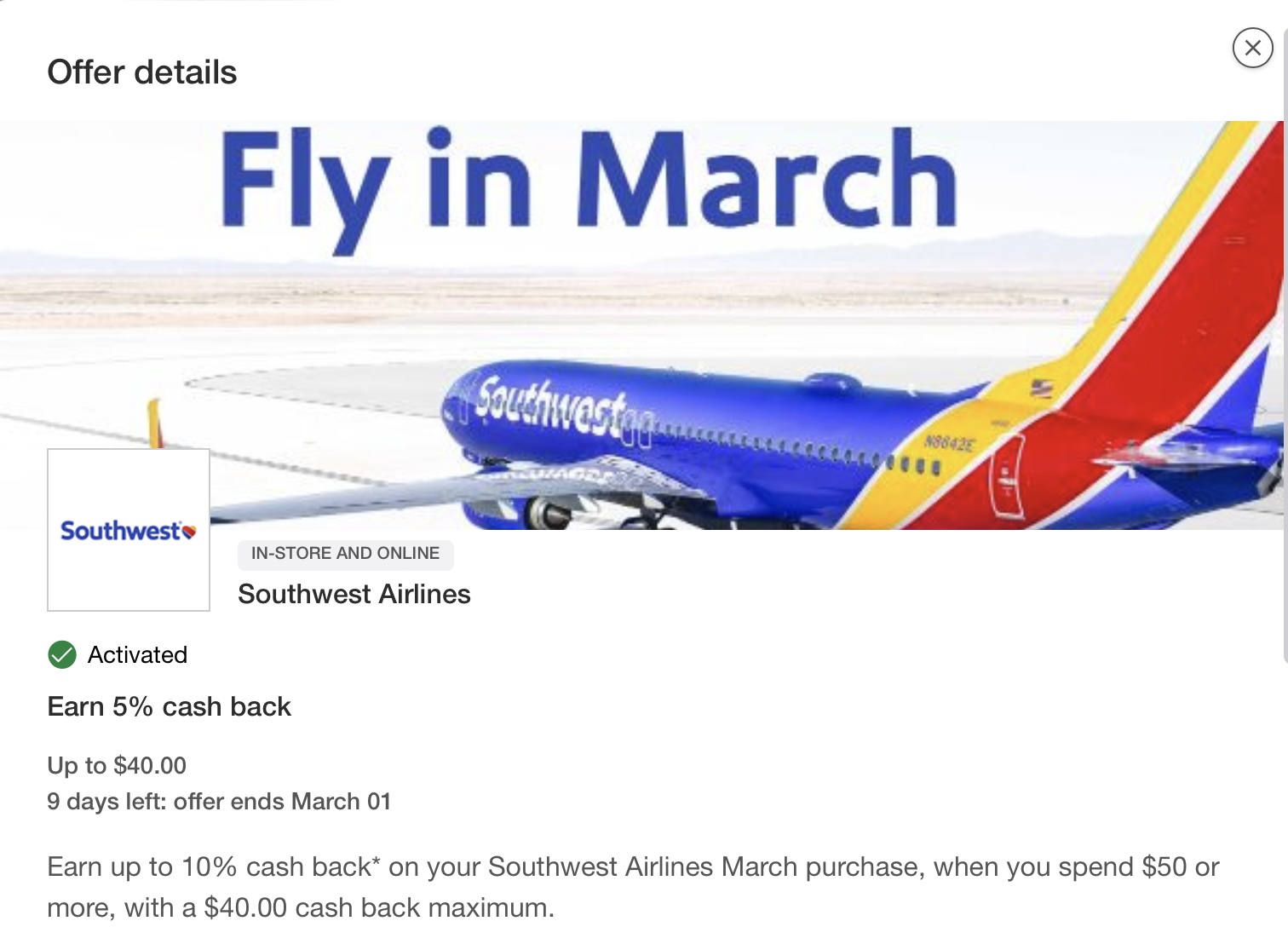 Southwest 5% cash back offer