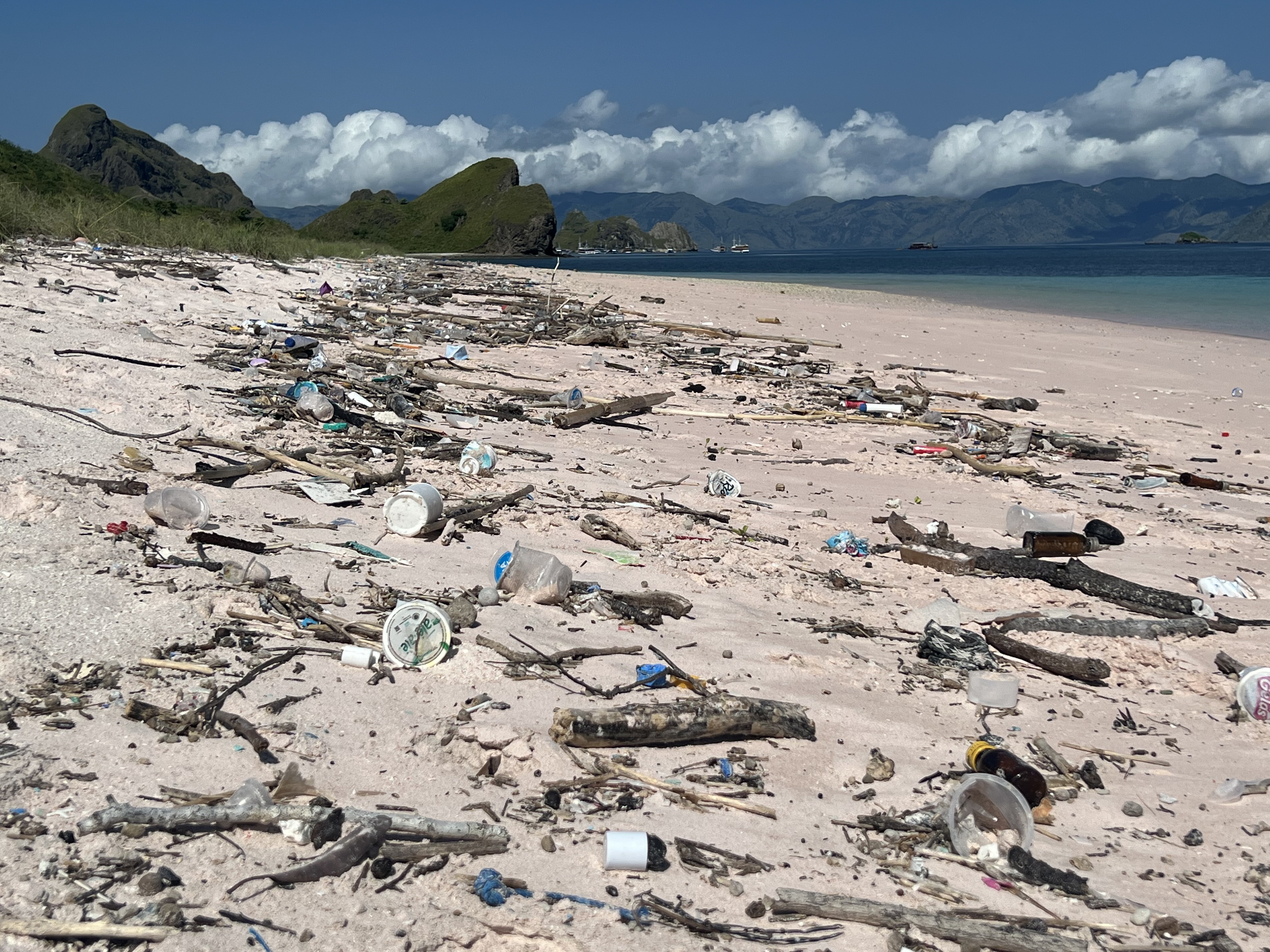 Trash on Pink Beach in Komodo National Park Indonesia Trash on Pink Beach in Komodo National Park Indonesia