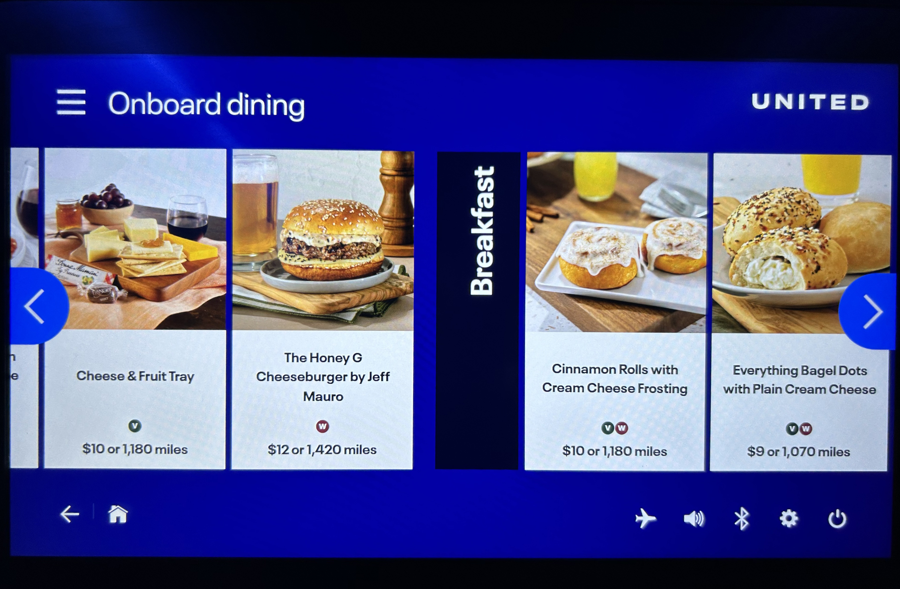 United EWR PDX onboard premium economy screen food menu