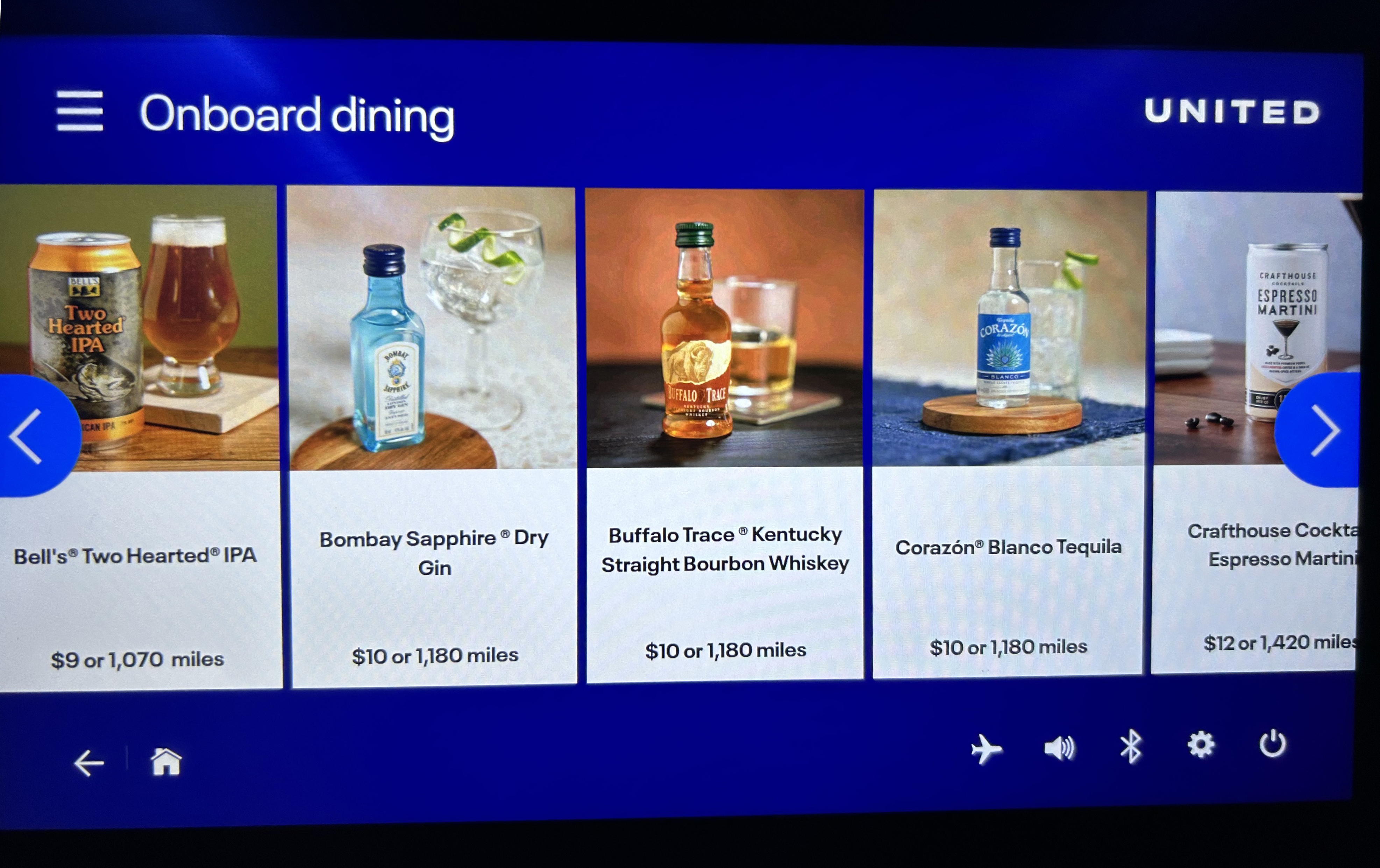 United EWR PDX premium economy screen drinks menu