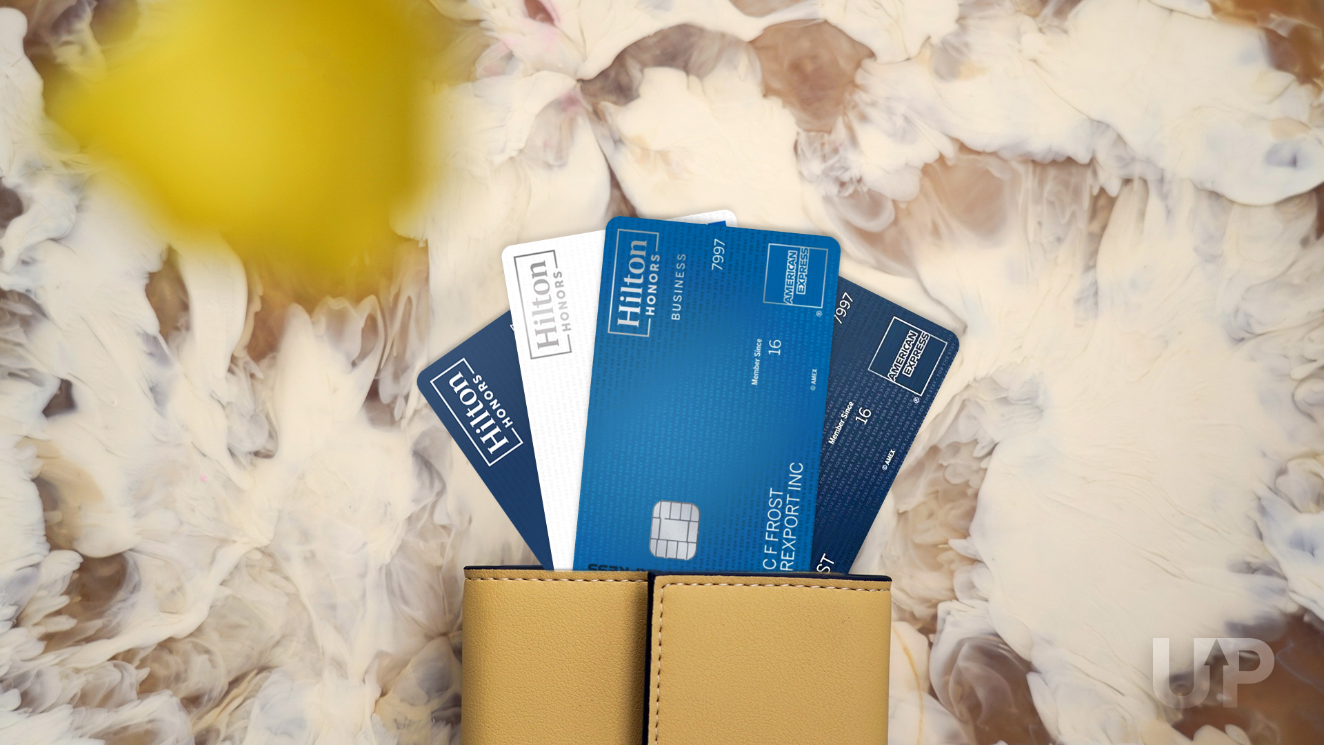 4 Hilton Credit Cards in a Beige Wallet Upgraded Points LLC 4 Hilton Credit Cards in a Beige Wallet Upgraded Points LLC