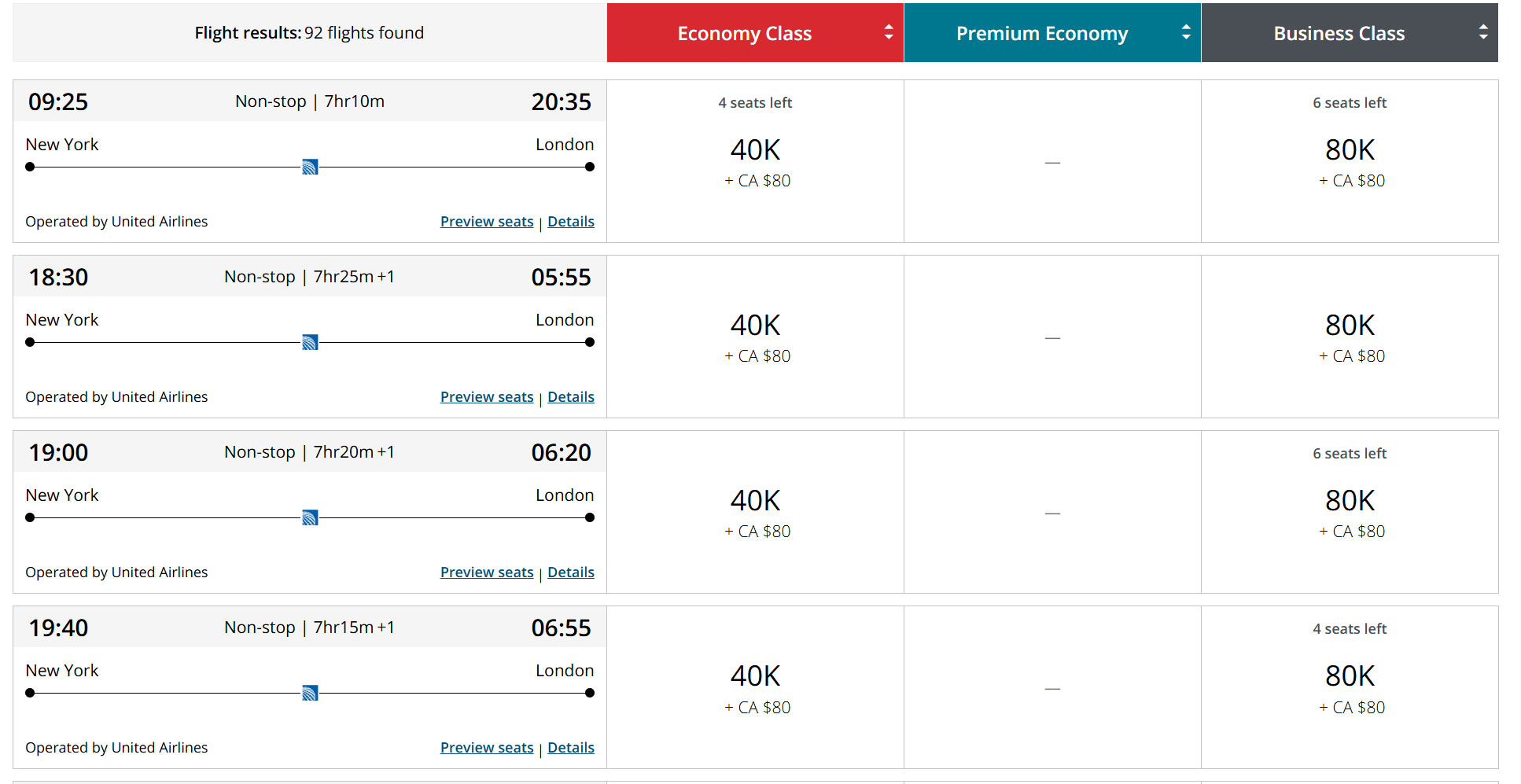 Aeroplan United EWR LHR Award new Aeroplan United EWR LHR Award new