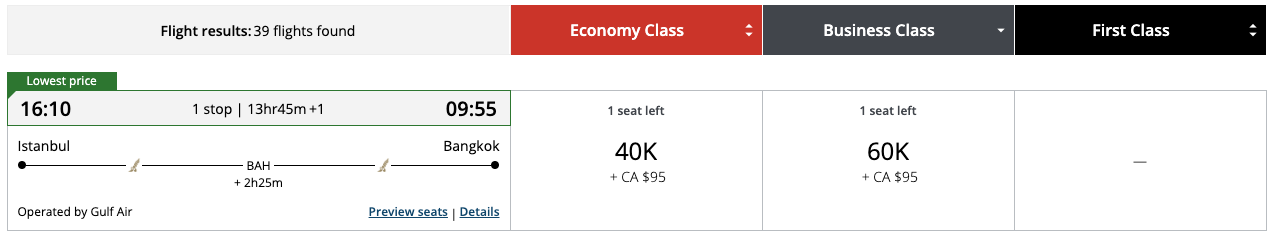 Aeroplan award ticket from IST to BKK on Gulf Air