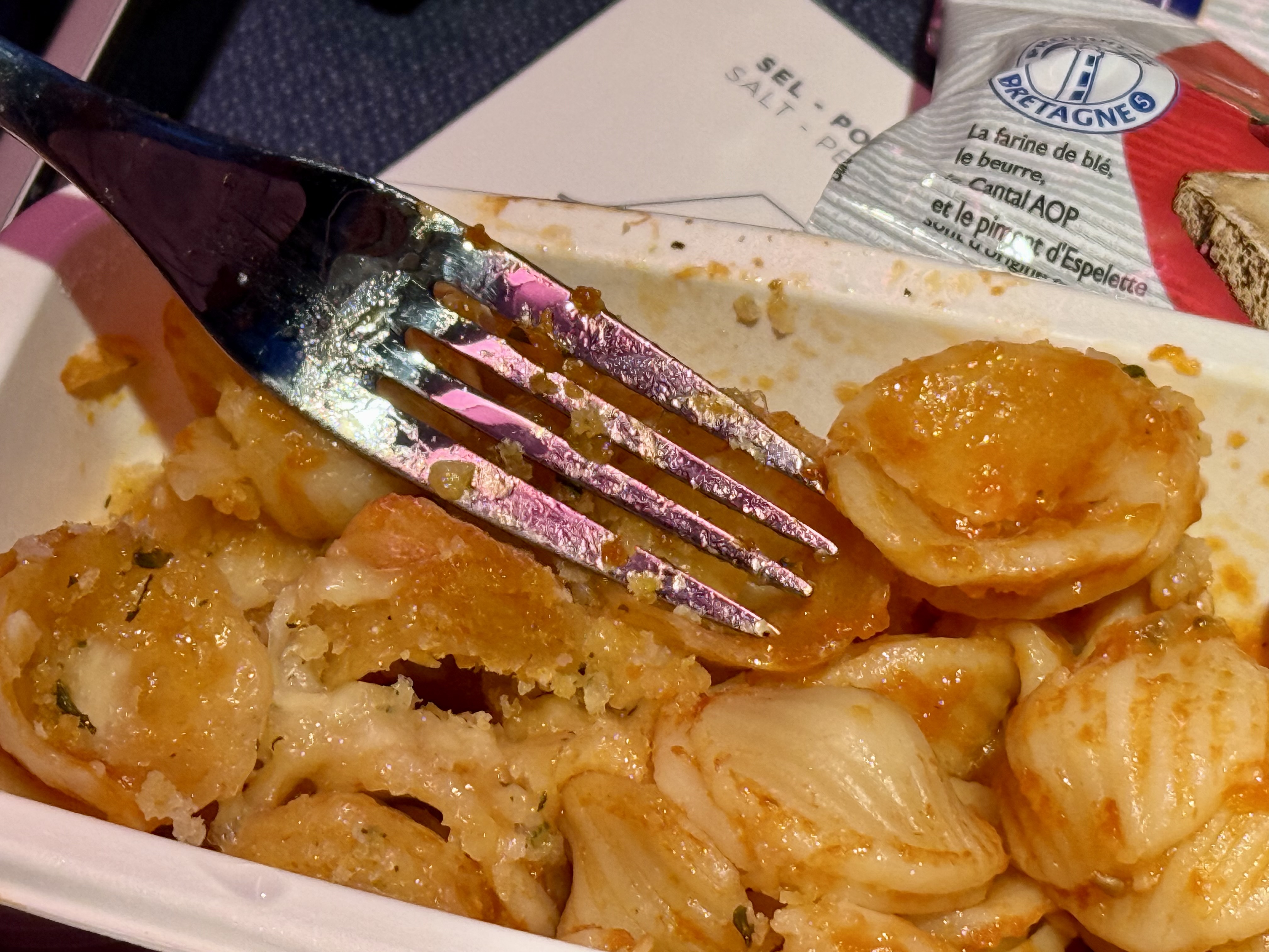 Air France Boeing 777 300 premium economy greasy pasta dish Air France Boeing 777 300 premium economy greasy pasta dish