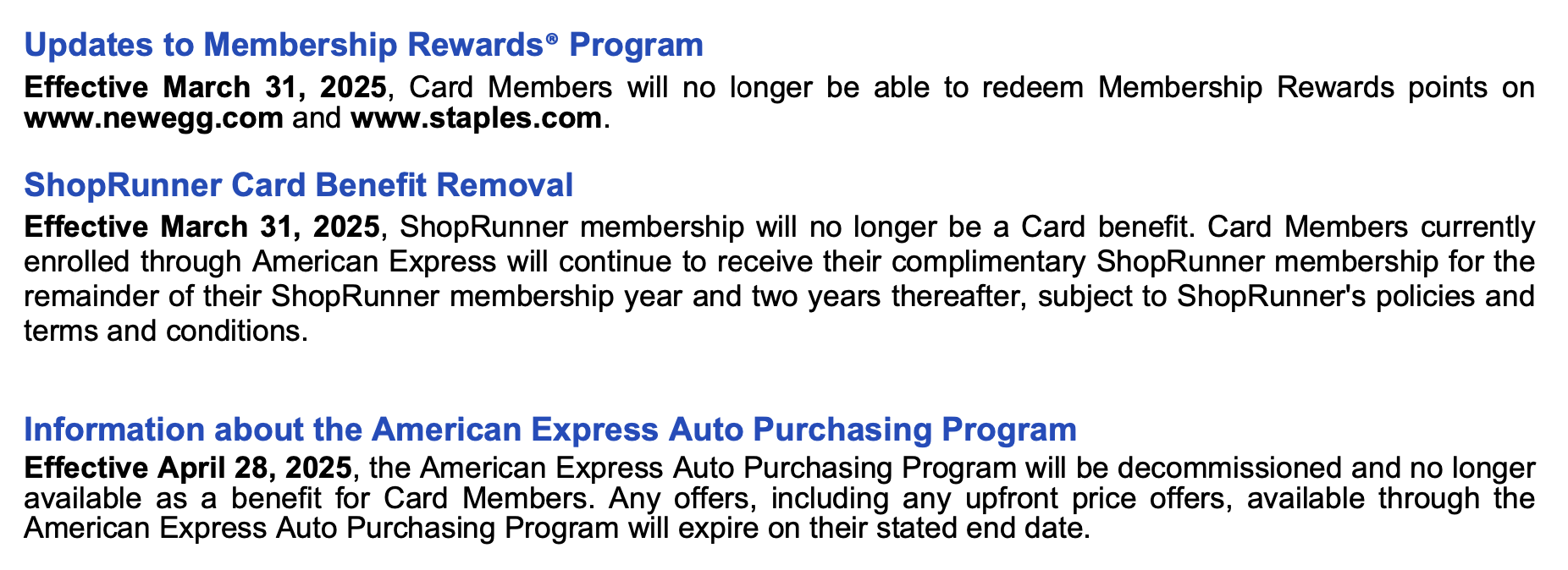American Express benefits changes in 2025 statement screenshot