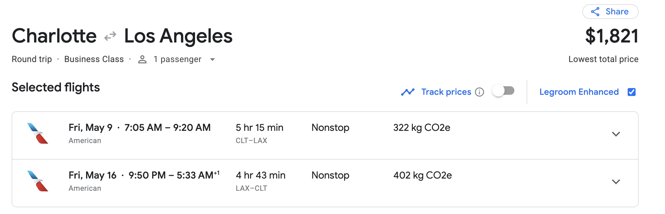 CLT to LAX on AA Charlotte to Los Angeles Google Flights Pricing in Business Class with AA