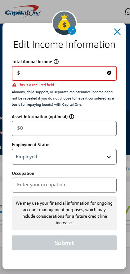 Capital One edit income information Capital One edit income information