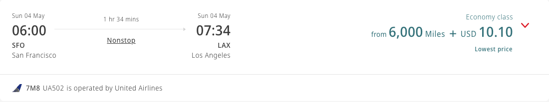 Emirates UA Award 6k SFO LAX