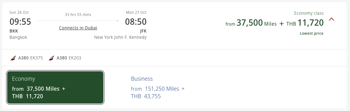 Emirates award ticket from BKK to JFK