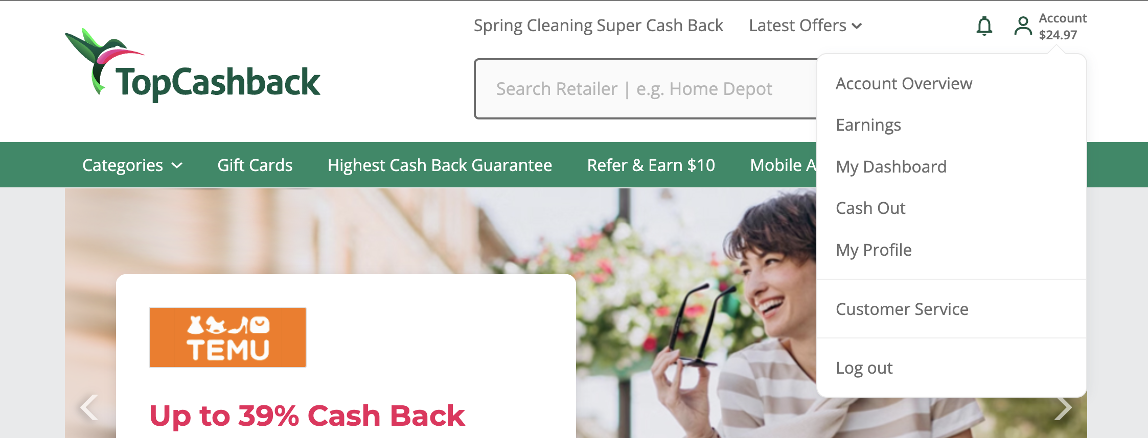 Finding The Cash Out Page on TopCashBack